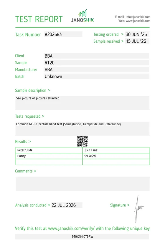 Janoshik Analytical Report for Retatrutide (20mg)