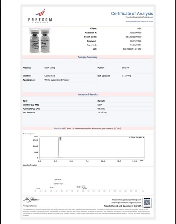 Freedom Diagnostics report for DSIP (15mg sample; 11.19mg measured)