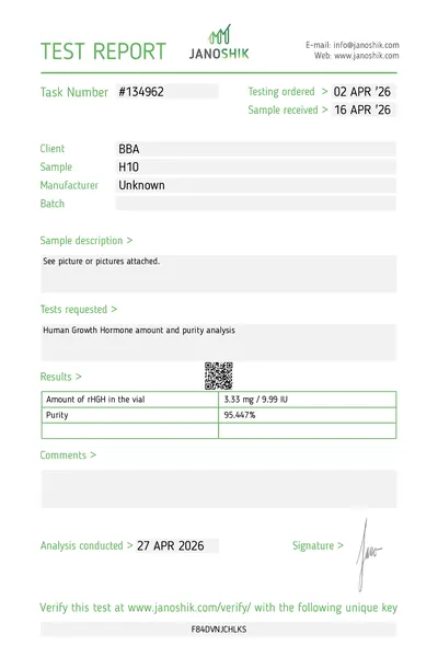 Janoshik Analytical Report for Somatropin HGH (10 IU)