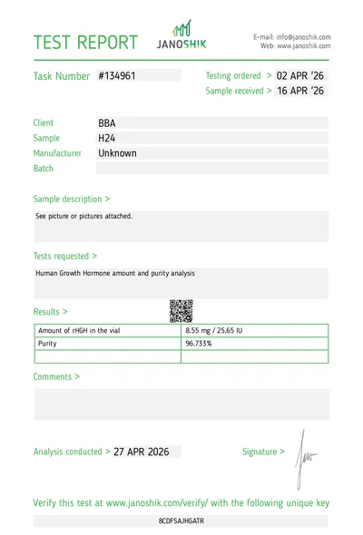 Janoshik Analytical Report for Somatropin HGH (24 IU)